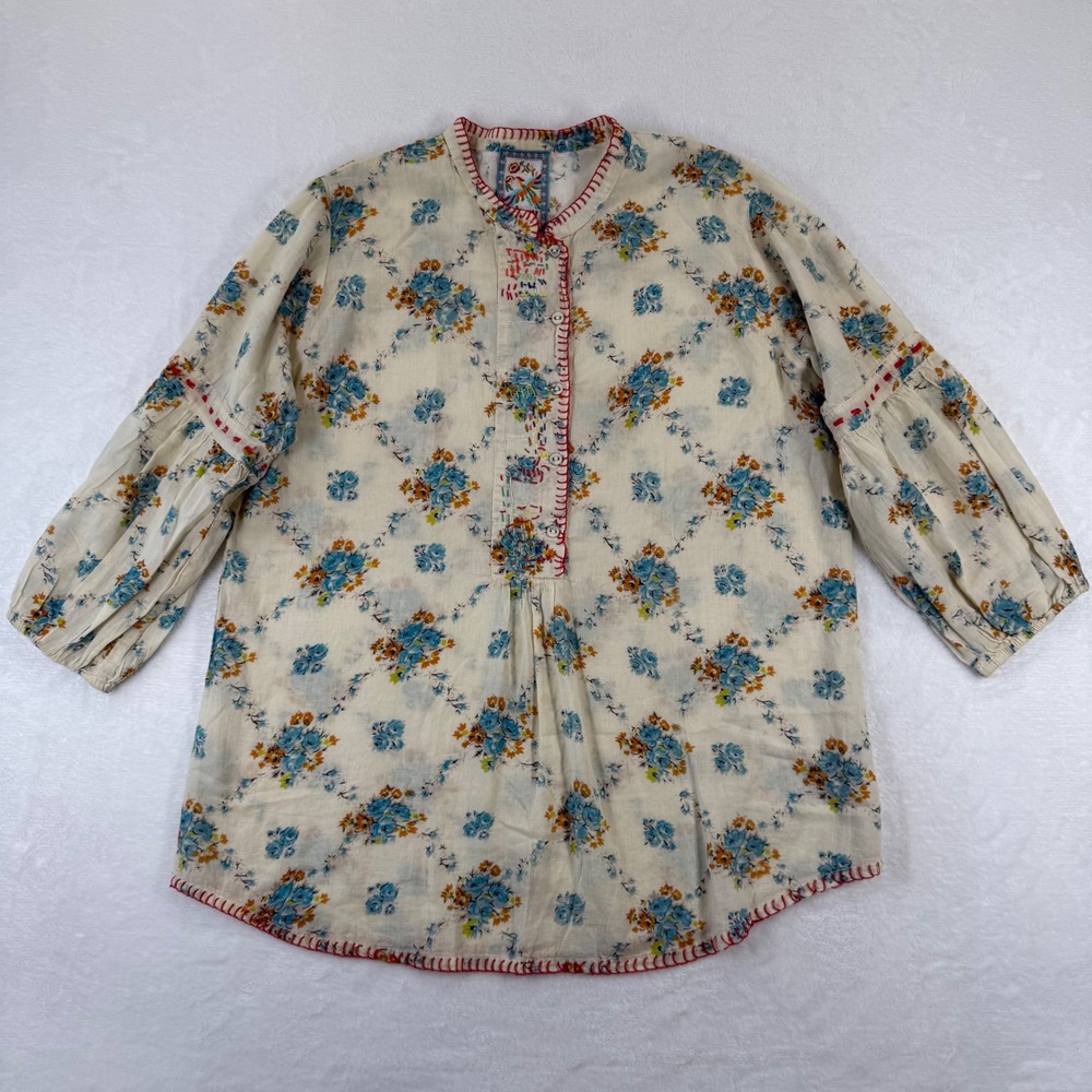 Johnny Was Leti Small Floral Cotton‎ Boho Peasant Blouse Red Blanket Stitch Trim